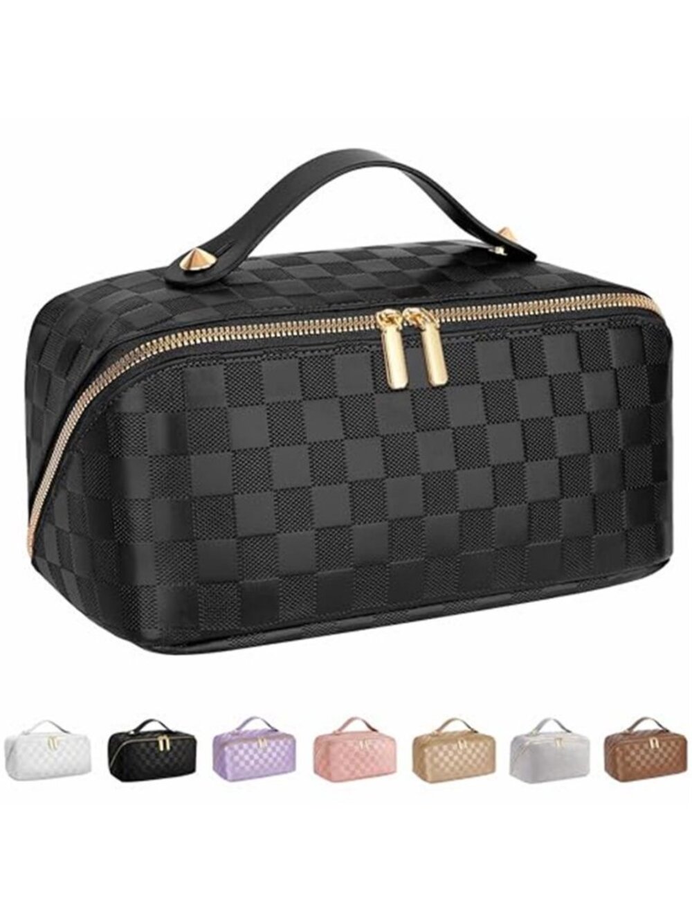 Large Travel Makeup Bag Women Waterproof PU Leather Checkered Cosmetic Organizer